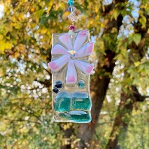 Fused Glass Pink Flower & Beads Sun Catcher